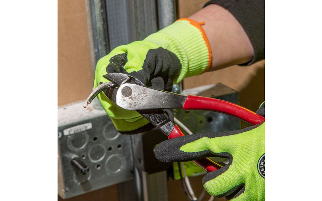 These Klein Tools 8" Diagonal Cutting Pliers with Angled Head D248-8 have a high-leverage for greater cutting power. The angled head design makes work easier in confined spaces. The hot-riveted joint ensures smooth action with no handle wobble. For non ferrous wire & soft metal cutting. 8" overall length. 092644720703