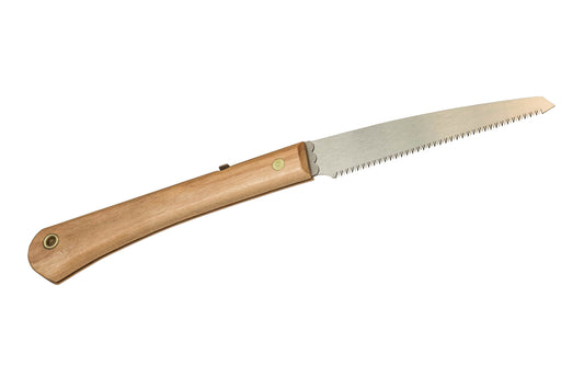 Made in Japan · Crosscut Teeth: 15 TPI ~ Good all-purpose saw ~ Foldable blade ~ 1-3/8" narrow blade - good for tight areas Brass riveted in a Beechwood handle with lanyard hole ~ Japanese pull-saw that can be used for general lumber, dry woods, & for green woods. 14" overall length folding pull-saw