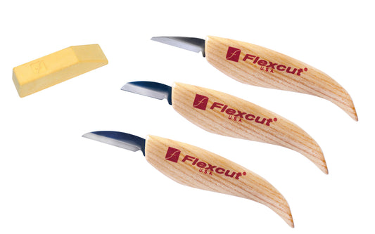 Flexcut 3-Knife Starter Carving Set ~ KN500 - KN12 Cutting Knife,  KN13 Detail Knife,  & KN14 Roughing Knife ~ High Carbon Spring Steel blades - Tempered to HRC 59-61 - Made in USA - Flexcut Three Piece Set ~ Flexcut 3-piece set ~ 651646505000