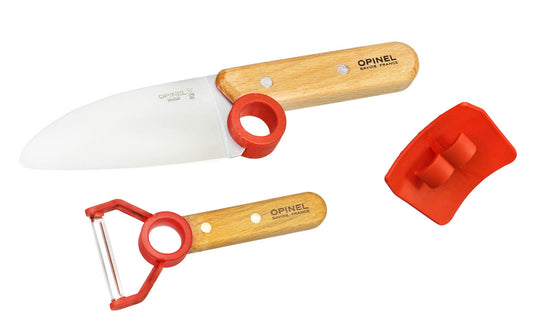 Opinel Le Petit Chef Set ~ Made in France ~ Blunt tip knife, peeler, & finger guard included ~ Stainless blades ~ Genuine Beechwood handles ~ Excellent first kitchen gift for children