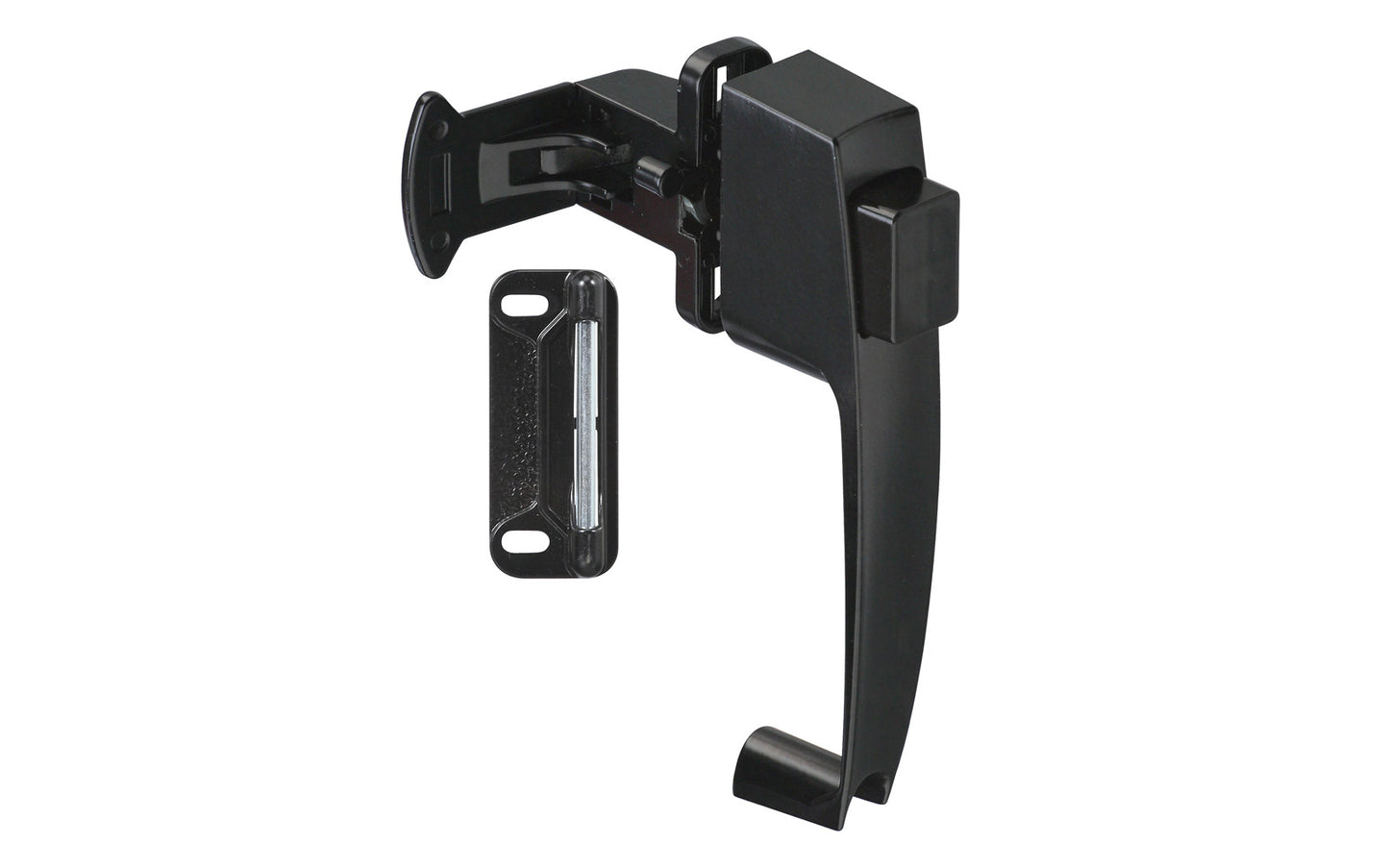 This Black Finish Push Button Latch is designed for wood or metal screen & storm doors 1-3/4" hole spacing. Made of die-cast material with a black finish. National Hardware Model No. N178-350. 038613178359