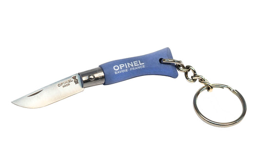 Opinel Mini Stainless Steel Knife with Keychain ~ "Sky Blue" Color ~ Mini No. 2 stainless model ~ Foldable blade ~ Made of 12c27 Sandvik stainless steel~ Painted beechwood handle ~ Sturdy keychain & ring attached