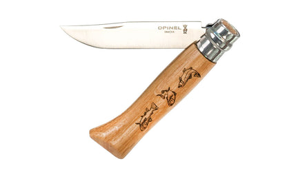 Opinel Stainless Steel Knife ~ Decorated "Fish" Handle ~ Foldable Blade ~ 3-1/4" long foldable stainless blade with stainless locking collar ~ Beechwood handle with specially engraved fish motif ~ Great for fishing! 
