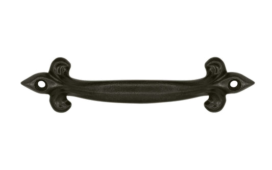 A rustic-looking "Orleans-style" cast iron drawer pull. Made of strong cast iron material, it has a nice durable feel. This French inspired & ornate piece of hardware is great for use on cabinets & drawers.  Vintage finish with lacquer to resist rust - 3-15/16" on centers. 4" on centers - Cast Iron French Drawer Pull