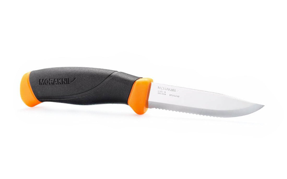Mora Stainless Serrated Knife ~ Outdoor Companion ~ Made in Östnor, Sweden · Made of high quality stainless steel ~ 4-1/8" long blade ~ Friction grip handle ~ Serration great for cutting rope, nylon, & fibers ~ Mora 11829 ~ 7391846010180