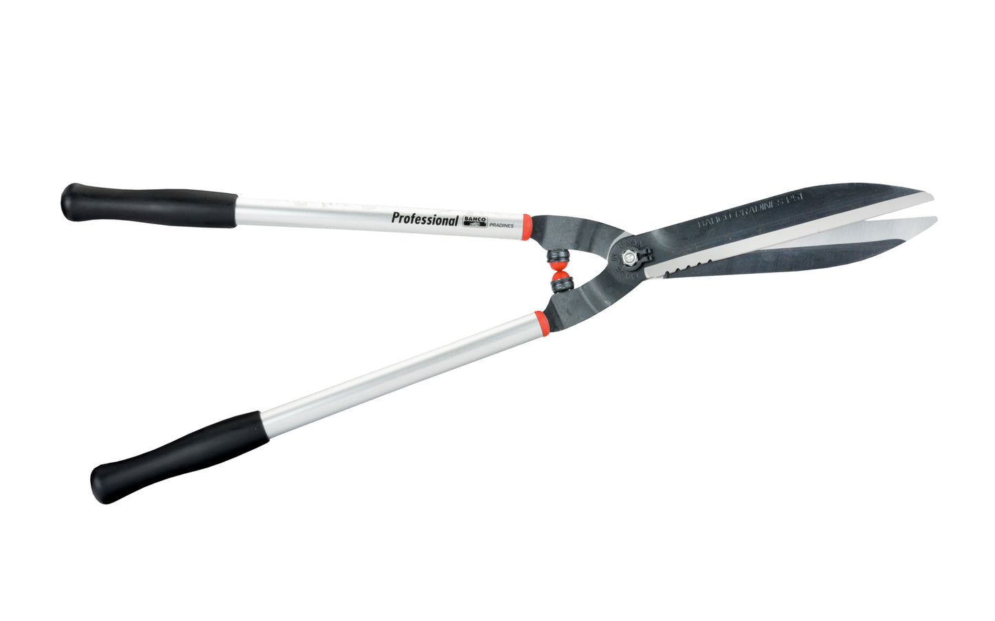 Bahco 29" Precision Hedge Shears with Aluminum Handles are quality sharp shears for professional use. Great for outdoors, vineyards, topiary work. Partly serrated edge for cutting up to 10 mm (3/8") thick branches. Hardened precisely ground blades for continuous clean cut. Model P51H-SL. Made in France. 7311518301224