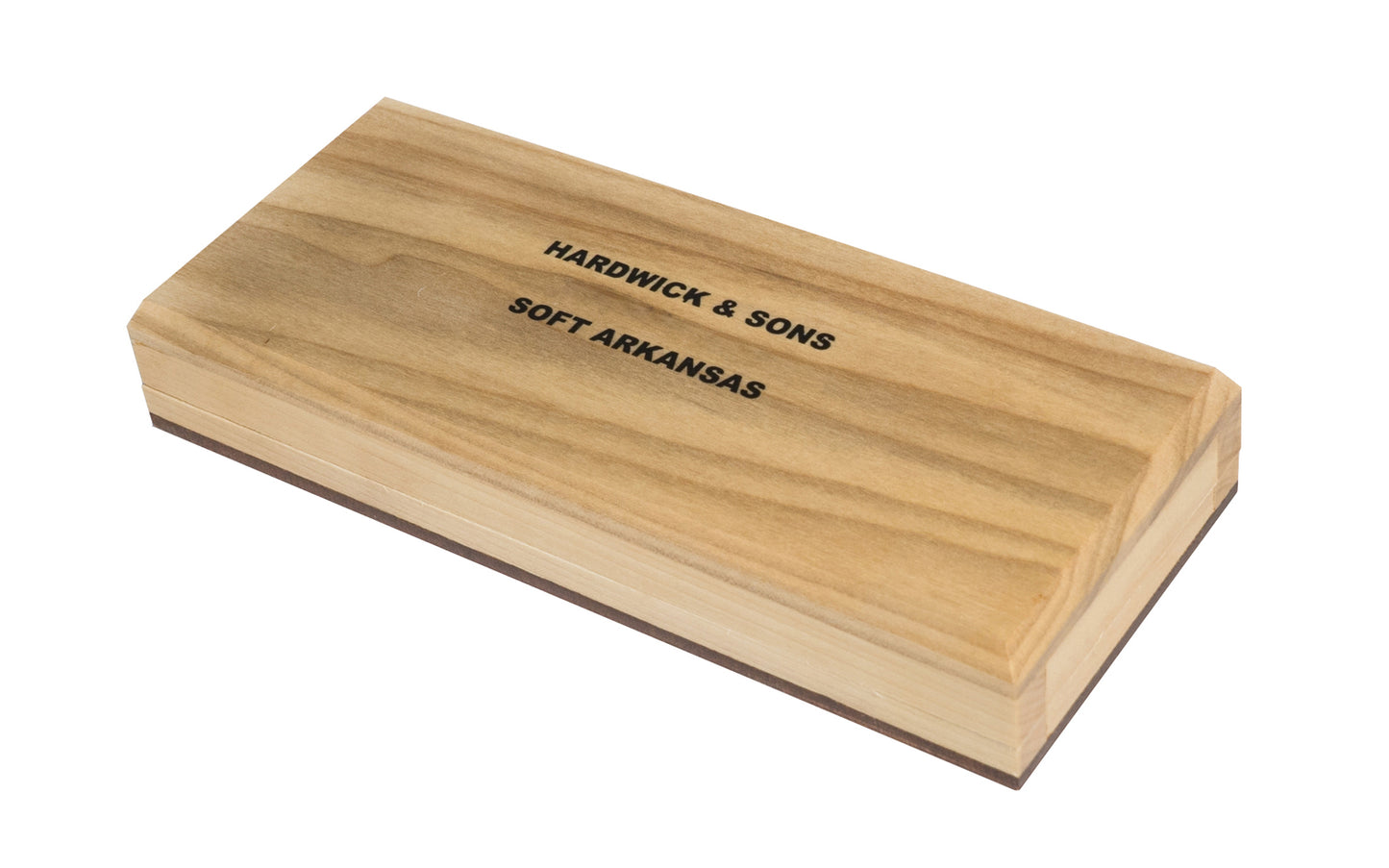Soft Arkansas Bench Stone with Wooden Box ~ 6" x 2" - Made in USA ~ good extra-fine stone. It is the least dense & coarsest grained of the natural Arkansas stones & good for starting an edge on your tools & knives; commonly used after synthetic or oil stone - Model No. MAB-62-C