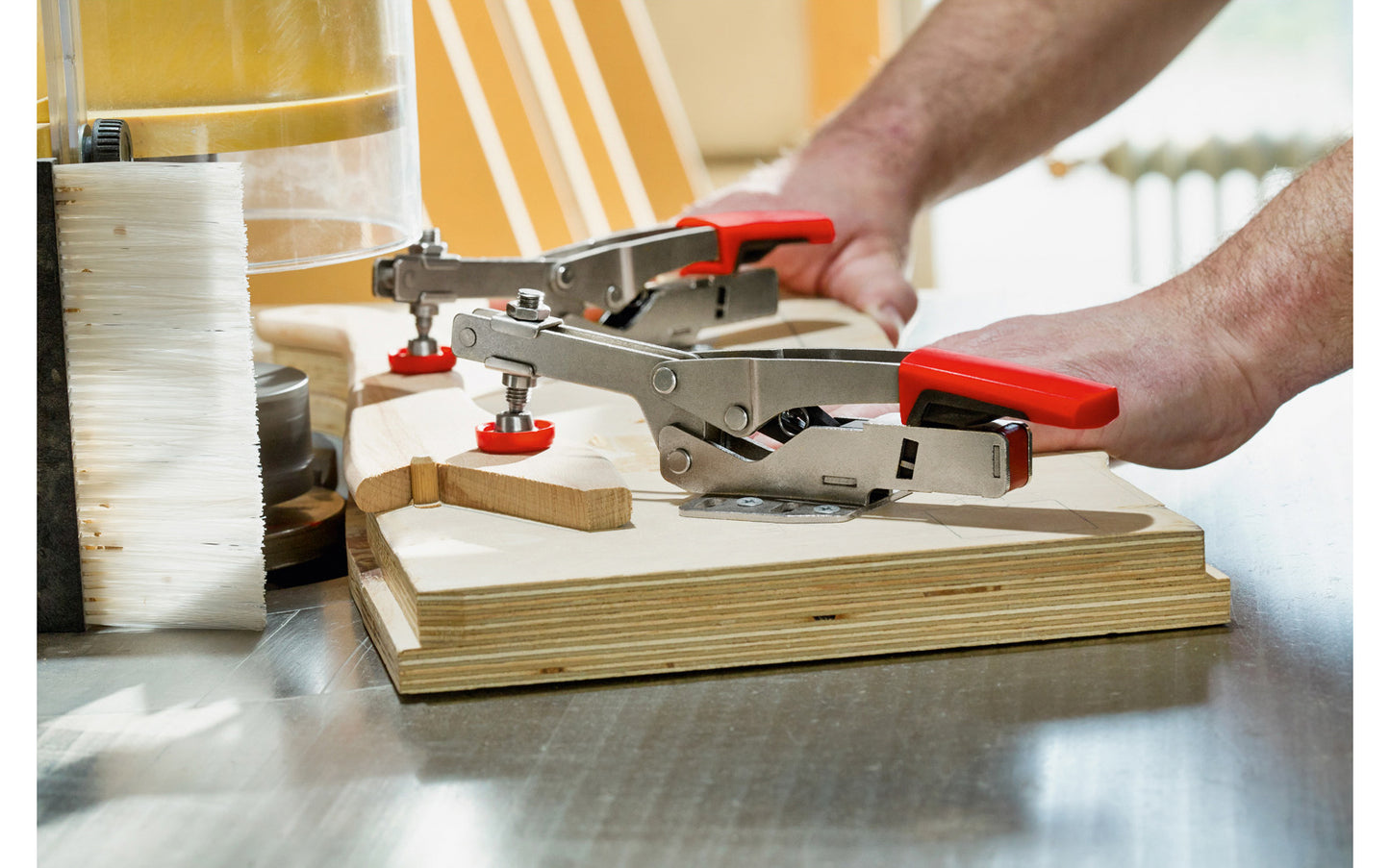 Model No. STC-HH70 ~ Auto-adjust Toggle Clamp by Bessey automatically adjusts to variations in the work piece height while maintaining clamping force, & has an adjustable clamping force based on the adjusting screw in the joint - Allows clamping force adjustment from 25 to 550 lbs. Holding capacity up to 700 lbs