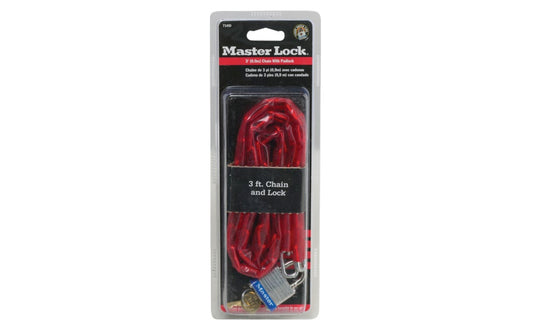 1-1/8" laminated steel case. Steel shackle for strong cut resistance. 4-pin tumbler locking mechanism. Hardened steel 3 Ft. chain for maximum cut resistance. Welded links for superior pry resistance. Protective red vinyl sleeves help prevent surface marring. Packaged with chain for consumer convenience. 716D
