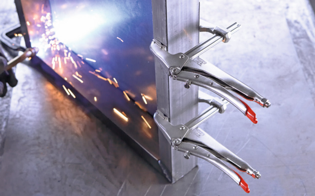 Bessey 4" "SuperGrips" Grip Plier Clamp with Profiled Rail SG4 is a grip plier & clamp all in one tool. Adjustable sliding jaw with a 4" clamping capacity & 2-1/2" throat depth. 440 lbs. clamping force. Adjustable screw/lock nut (on lower lever) adjusts jaw angle (up to 7°) for clamping tapered parts. Made in Germany.