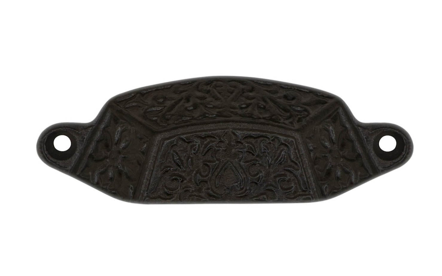 Rustic-looking & ornate cast iron bin pull with a very nice & charming floral "Thistle" detail. Cast iron material, it is thick & stout with a good grip. Originally from 19th century, great for adding charm & style to your cabinets & drawers. Vintage finish with lacquer to resist rust - Victorian - 88604 - Drawer Pull