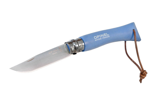Opinel Stainless Steel Trekking Knife ~ "Sky Blue" Color ~ Made in France ~ 3-3/16" long foldable blade with stainless locking collar ~ Made of 12c27 Sandvik stainless steel ~ Painted Beechwood handle with leather loop