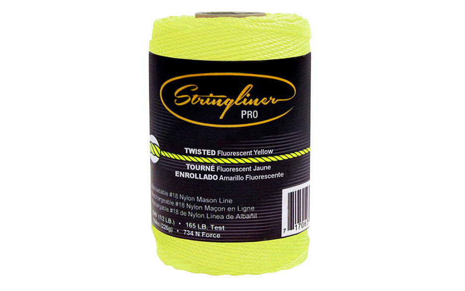 This Stringliner Twisted Mason Line is a replacement roll for the Stringliner Reel. Fluorescent yellow color. Twisted #18 nylon mason line in 540' (1/2 lb) length roll. Stringliner Pro Model SL35412