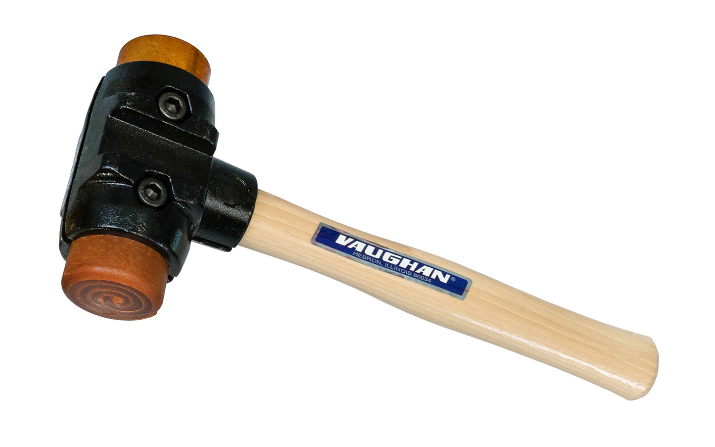 Vaughan Split-Head Hammer with Rawhide Faces - 4 lb. ~ No. SH200 - Made in England - This Split-Head Hammer allows for quick change of faces & handles. Malleable iron heads are designed for uniform clamping pressure on handle & faces. Extension collars transfer shock to more handle surface, reducing user fatigue & handle breakage. Top quality hardwood handle. Rawhide faces - 1-7/8" face diameter