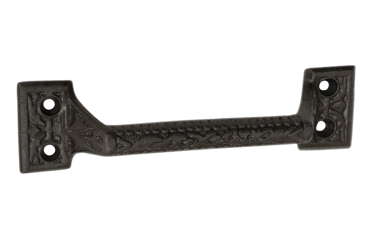 A rustic-looking Victorian style door pull handle. Made of strong cast iron material, it has a nice durable & strong feel. This traditional & ornate piece of hardware is great for doors, gates, & large drawers. Powder coated to resist rust. Ornate Floral Design. Large Cabinet Handle - Cast Iron Door Pull - Model 88602