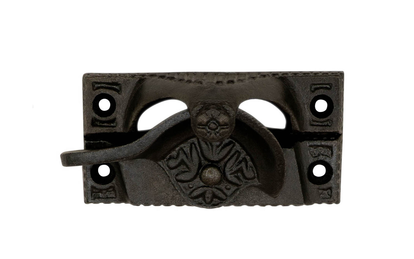 Victorian cast iron crescent-style sash lock designed for sash or hung windows. This lock is formed of cast iron material with a durable pivot turn. The turn will lock & tighten your windows securely in place. Vintage cast iron finish. - Model 088453