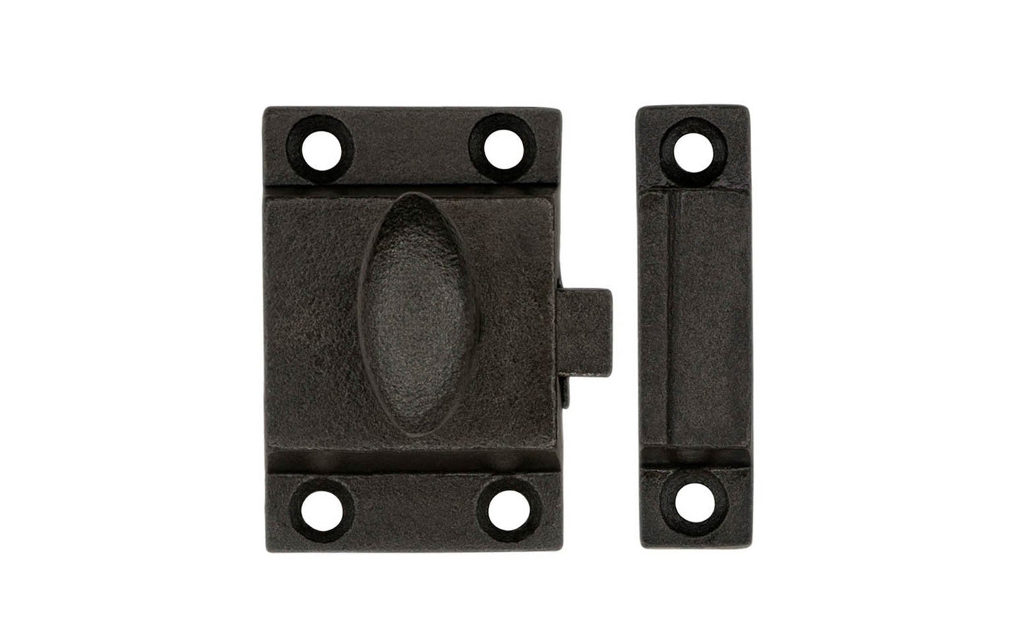 A rustic-looking cast iron cupboard cabinet latch. Vintage cast iron finish. Durable & strong spring loaded mechanism. Includes 6 Phillips head screws. Great for cupboards, cabinets, etc. 1-7/8" high x 1-3/16" wide size latch.