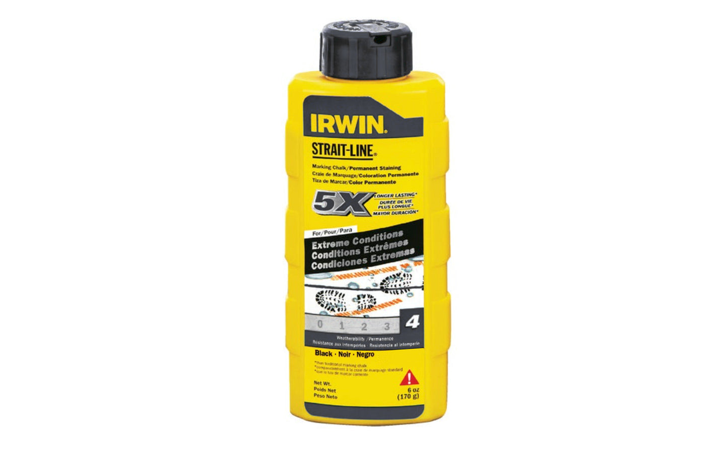 Strait-Line 6 oz Black Marking Chalk, Extreme Conditions for reel type chalk line boxes. Packaged in plastic squeeze bottles with fast fill spout. Permanent - Visible after weeks of weather exposure & jobsite wear. Designed for exterior use in extreme conditions. Black color chalk. 6 oz container. Model 4935520.