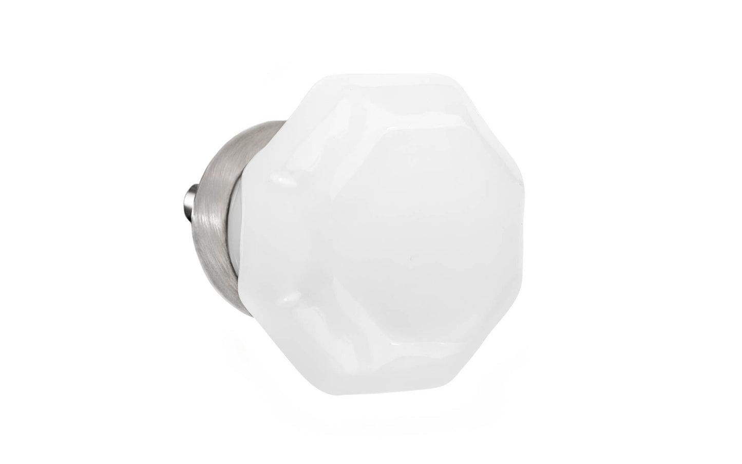 Elegant & classic octagonal cabinet glass knob with an attractive "Translucent White Opal" color. The glass is carefully set into a handsome solid brass base with a threaded shank in the back. Brushed nickel finish on solid brass material. Octagon shape knob. 1-1/4" Diameter Knob 