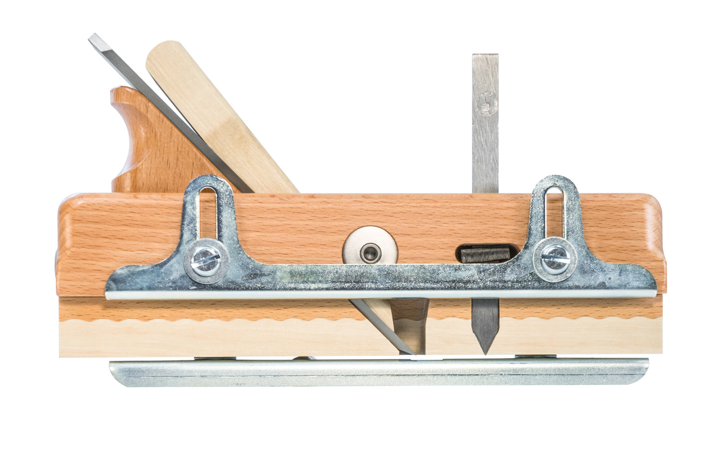 Made in Germany · Ulmia ~ Model No. 492 ~ 1-5/16" wide cutter blade (33 mm) ~ The Filletster plane body is made of Red Beech with a White Beech sole. It has an adjustable side & depth fence for setting the depth the rabbet. The integrated leading blade prevents surface tearing. Bevel angle: 25° - Cutting angle: 45°. Ulmia Filletster Plane with Single Iron ~ White Beech Sole