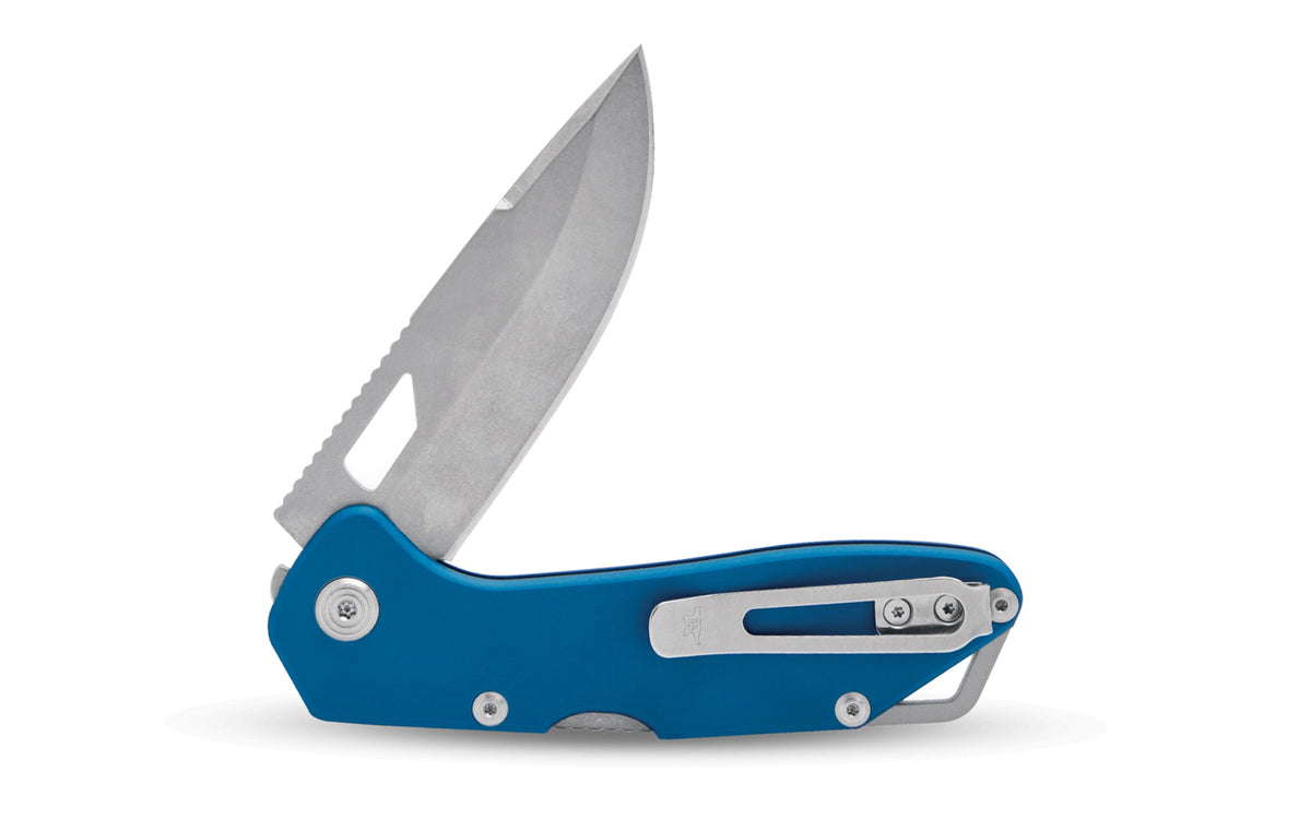 Buck Knives 724 Mustang Folding Knife - Blue color. Model 0724BLS-B. 3-1/4" long blade. Modern EDC knife. Made in USA.