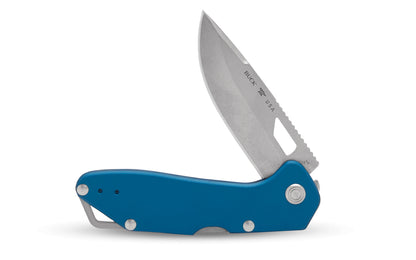 Buck Knives 724 Mustang Folding Knife - Blue color. Model 0724BLS-B. 3-1/4" long blade. Modern EDC knife. Made in USA.