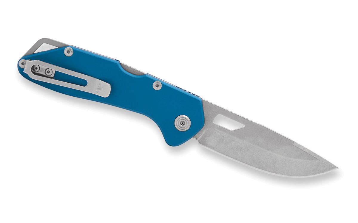 Buck Knives 724 Mustang Folding Knife - Blue color. Model 0724BLS-B. 3-1/4" long blade. Modern EDC knife. Made in USA.