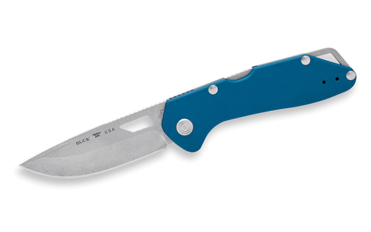 Buck Knives 724 Mustang Folding Knife - Blue color. Model 0724BLS-B. 3-1/4" long blade. Modern EDC knife. Made in USA.