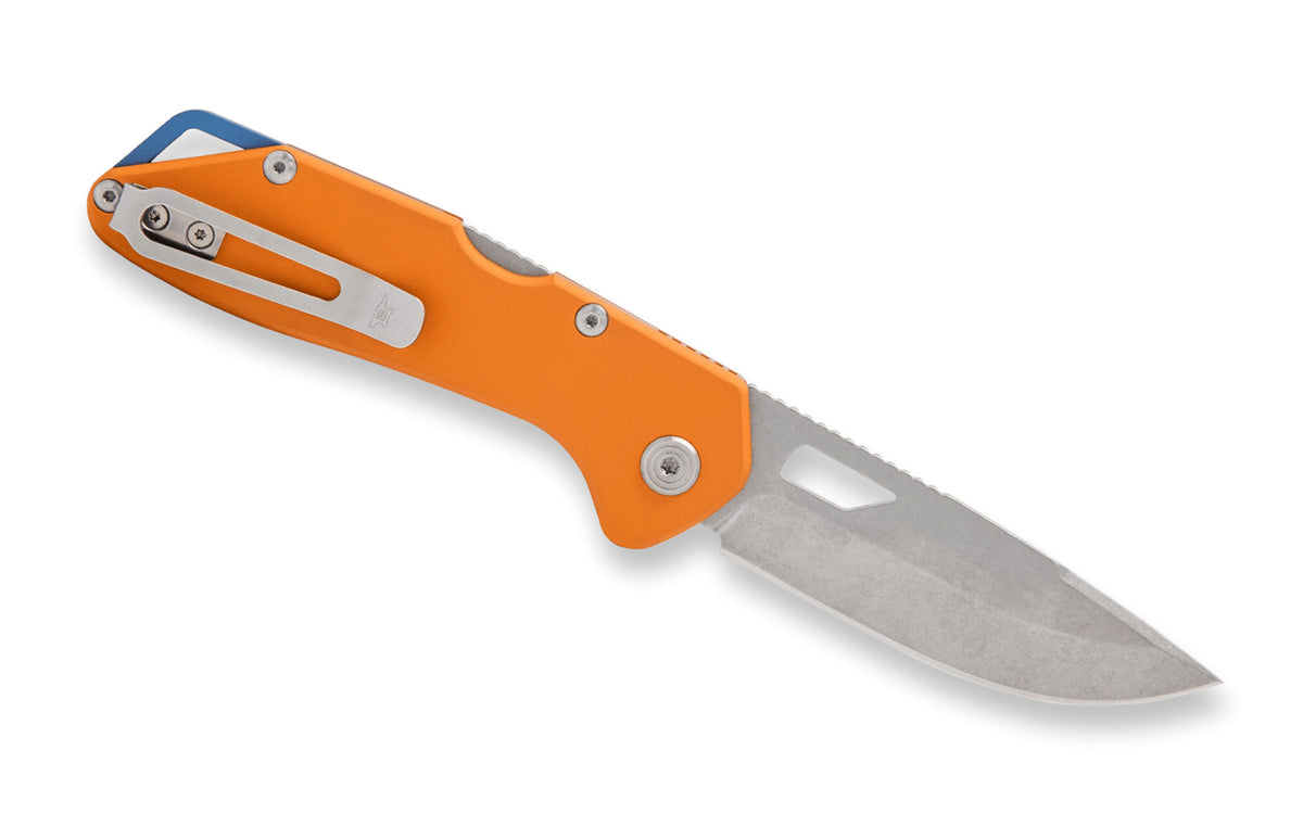 Buck Knives 724 Mustang Folding Knife - Orange color. Model 0724ORS-B. 3-1/4" long blade. Modern EDC knife. Made in USA.