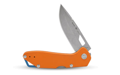Buck Knives 724 Mustang Folding Knife - Orange color. Model 0724ORS-B. 3-1/4" long blade. Modern EDC knife. Made in USA.