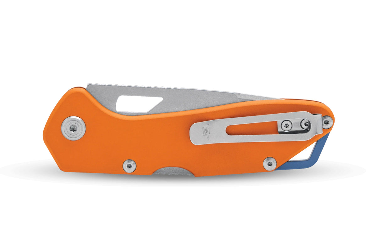 Buck Knives 724 Mustang Folding Knife - Orange color. Model 0724ORS-B. 3-1/4" long blade. Modern EDC knife. Made in USA.