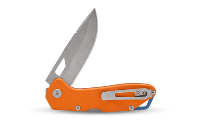 Buck Knives 724 Mustang Folding Knife - Orange color. Model 0724ORS-B. 3-1/4" long blade. Modern EDC knife. Made in USA.