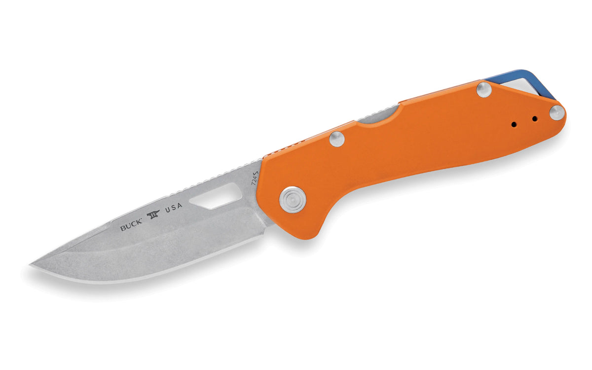 Buck Knives 724 Mustang Folding Knife - Orange color. Model 0724ORS-B. 3-1/4" long blade. Modern EDC knife. Made in USA.