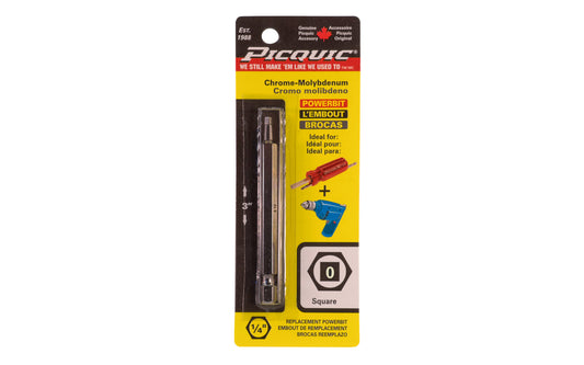 Picquic 3" length powerbit - #0 Robertson Square Drive Bit. 1/4" hex shank power bits ideal for use in drills & impact drivers. Model 88010.