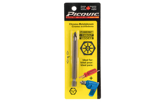 Picquic 3" length powerbit - #0 Pozidrive Bit. 1/4" hex shank power bits ideal for use in drills & impact drivers. Model 88030.