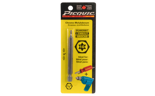 Picquic 3" length powerbit - Torx 10 bit. 1/4" hex shank power bits ideal for use in drills & impact drivers. Model 88210.