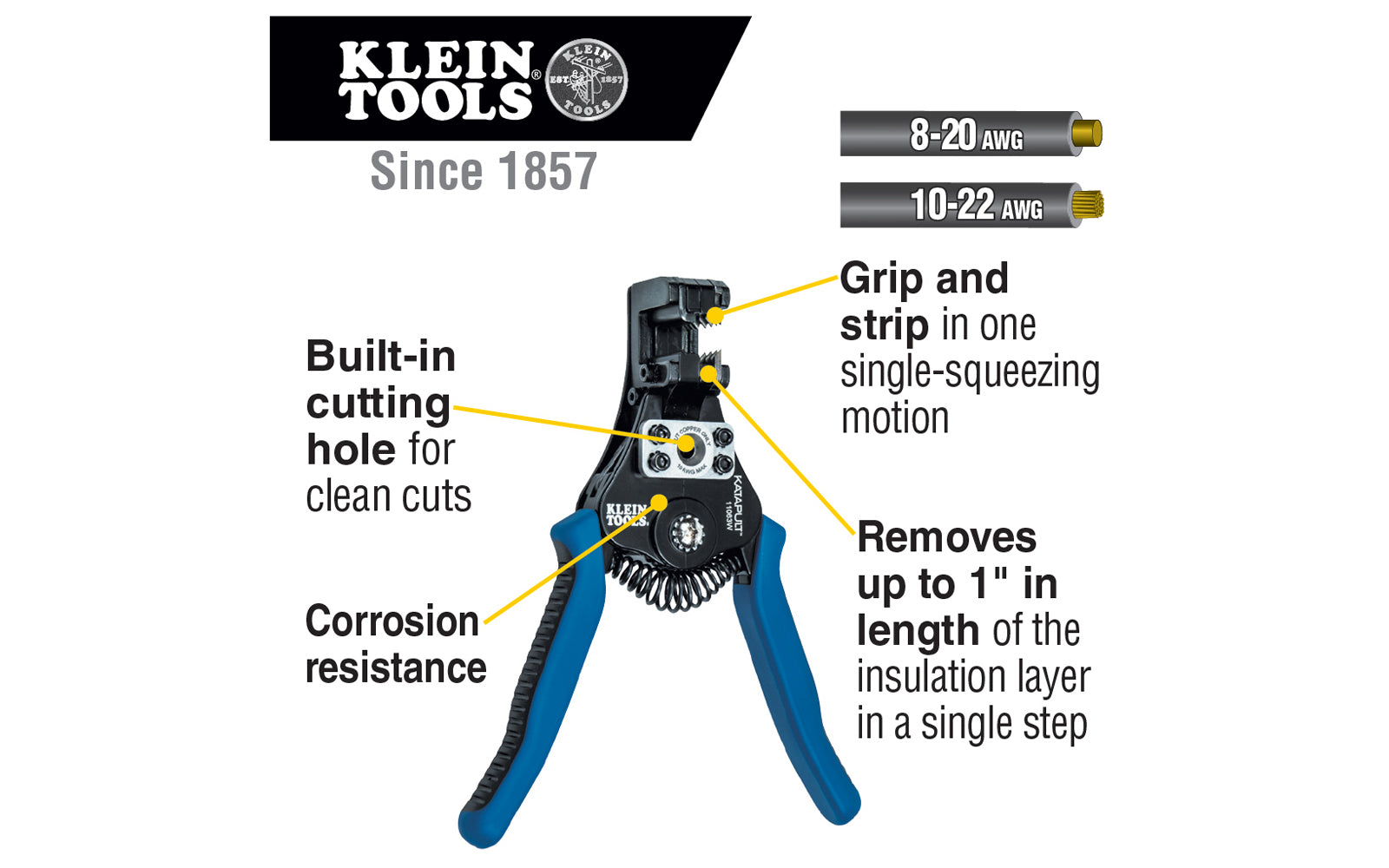 Klein Tools "Katapult" Wire Stripper & Cutter for Solid & Stranded Wire. Built-in cutting hole to cleanly cut 8-20 AWG solid & 10-22 AWG stranded wire, while the stripping head allows you to easily grip & strip just by squeezing the handle. Model 11063W.