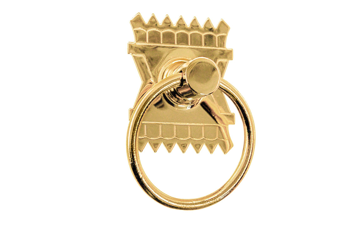 Vintage-style Hardware · Stylish ring pull with a stamped brass backplate with a special & intricate Eastlake design. The cabinet ring pull is made of high quality solid brass material. Designed in the Late Victorian / Eastlake style of hardware, but suitable for other periods including Craftsman & Art Deco styles. Unlacquered Brass (will patina over time). Non-lacquered brass. Un-lacquered brass.