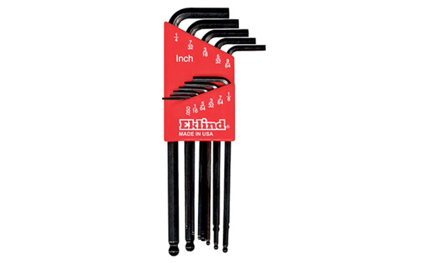 This Eklind 11-PC Ball Hex-L Wrench Key SAE Set. .050", 1/16", 5/64", 3/32", 7/64",  1/8", 9/64", 5/32", 3/16", 7/32", & 1/4" sizes. Allen wrench set is hardened, tempered & finished with Eklind black finish to resist rust. Plastic holder firmly retains each key. Eklind model 13211. Made in USA.