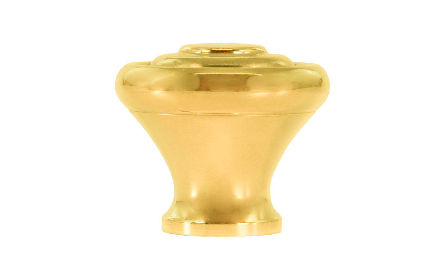 Classic "Art Deco" style cabinet round knob with a retro 1930's look. It has a round smooth shape with ring steps on the top. Made of high quality solid brass. Designed in the 1930's, Streamline Moderne, Art Deco style. 1-3/16" diameter. Unlacquered brass (will patina naturally over time). Non-lacquered brass. Un-lacquered brass.