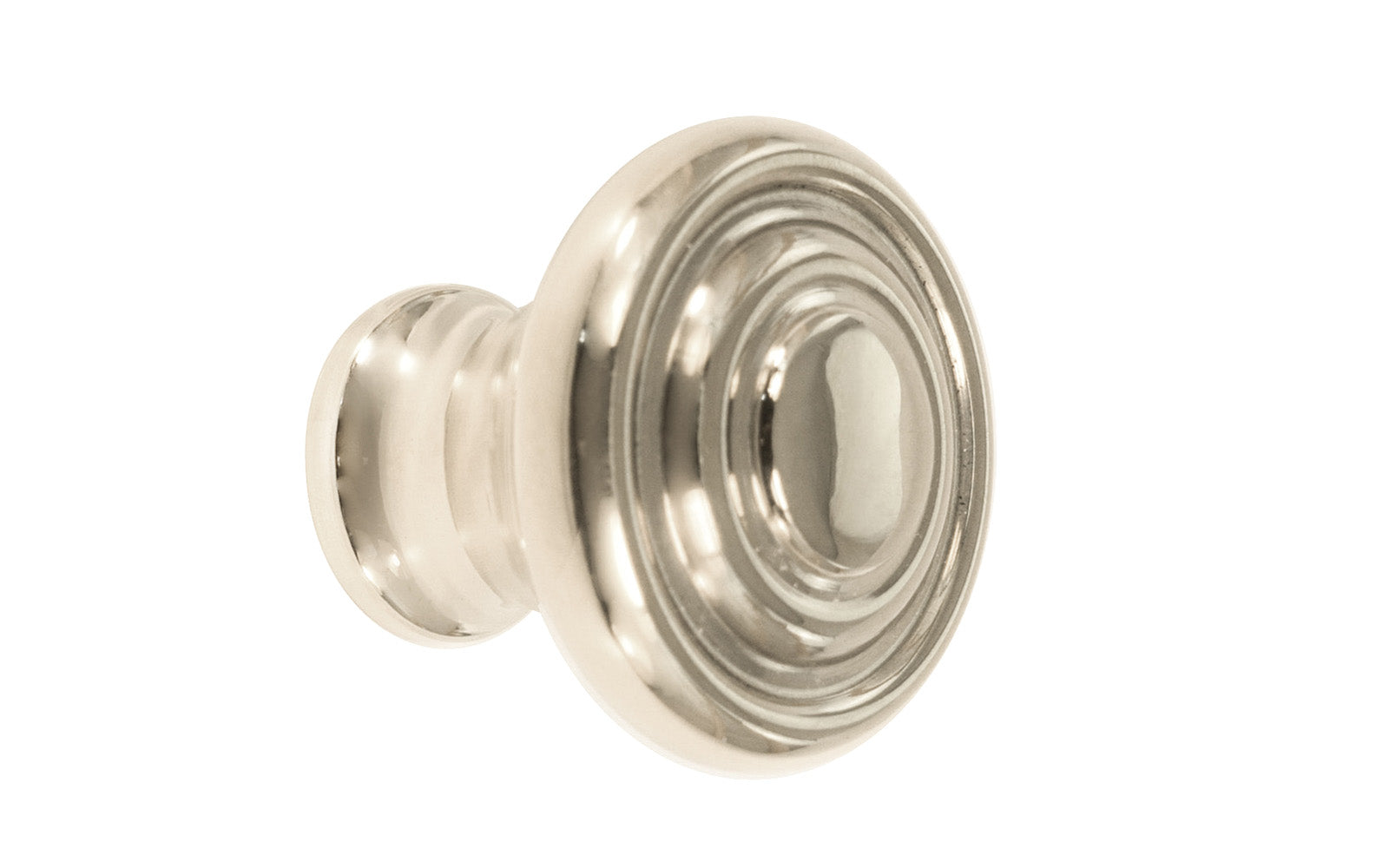 Classic "Art Deco" style cabinet round knob with a retro 1930's look. It has a round smooth shape with ring steps on the top. Made of high quality solid brass. Designed in the 1930's, Streamline Moderne, Art Deco style. 1-3/16" diameter. Polished Nickel finish.