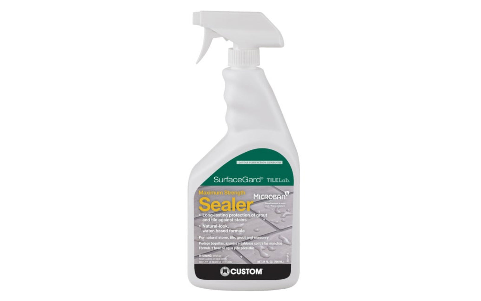 Custom Building Products TILELab 24 oz Surfaceguard Sealer. SurfaceGard sealer provides unsurpassed invisible protection for marble, stone, porcelain, quarry, and Saltillo tile, grout, concrete, and masonry. This long-lasting, water-based sealer actually repels dirt, oil, and stains allowing easy clean-up. TLSGS24Z