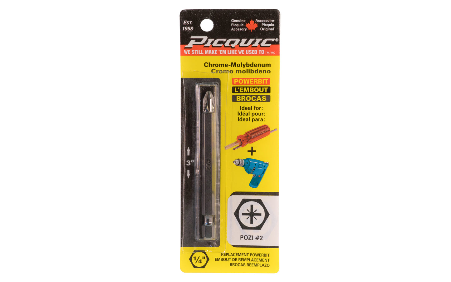 Picquic 3" length powerbit - #2 Pozi Drive Bit. 1/4" hex shank power bits ideal for use in drills & impact drivers. Model 88032.