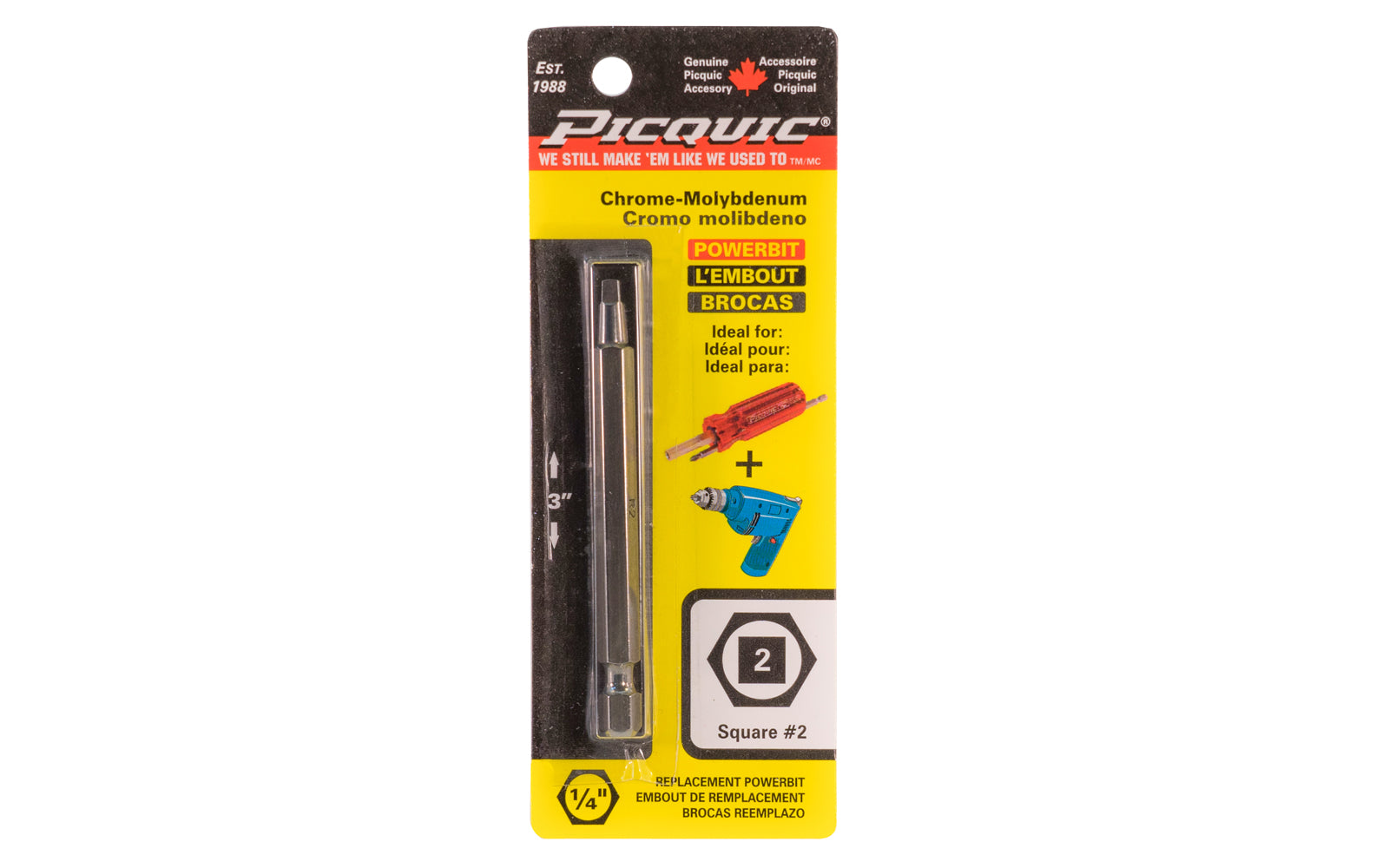 Picquic 3" length powerbit - #2 Robertson Square Drive Bit. 1/4" hex shank power bits ideal for use in drills & impact drivers. Model 88012.