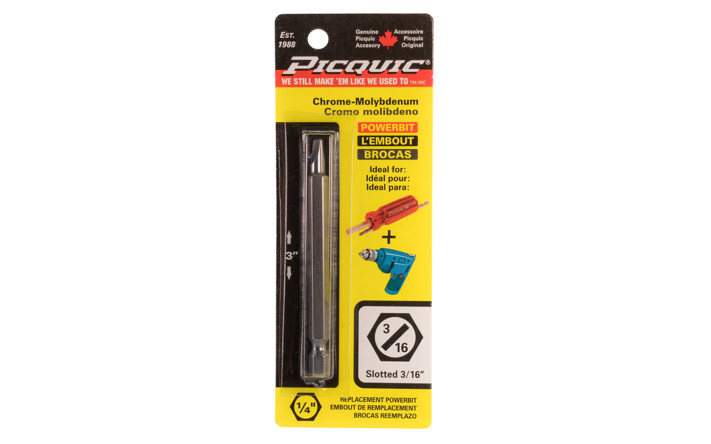  Picquic 3" length powerbit - 3/16" Slot Bit. 1/4" hex shank power bits ideal for use in drills & impact drivers. Model 88131.
