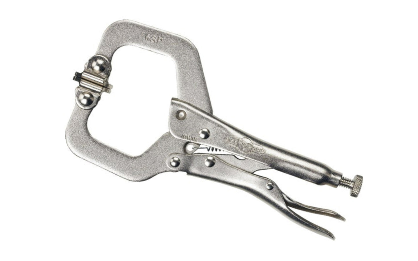 Irwin 6" "The Original" Vise Grip Locking C-Clamp Plier. Model 6SP. Item No. 18. Turn screw to adjust pressure and fit work. Stays adjusted for repetitive use. Constructed of high-grade heat-treated alloy steel for maximum toughness & durability. 2-1/8" Jaw Capacity.