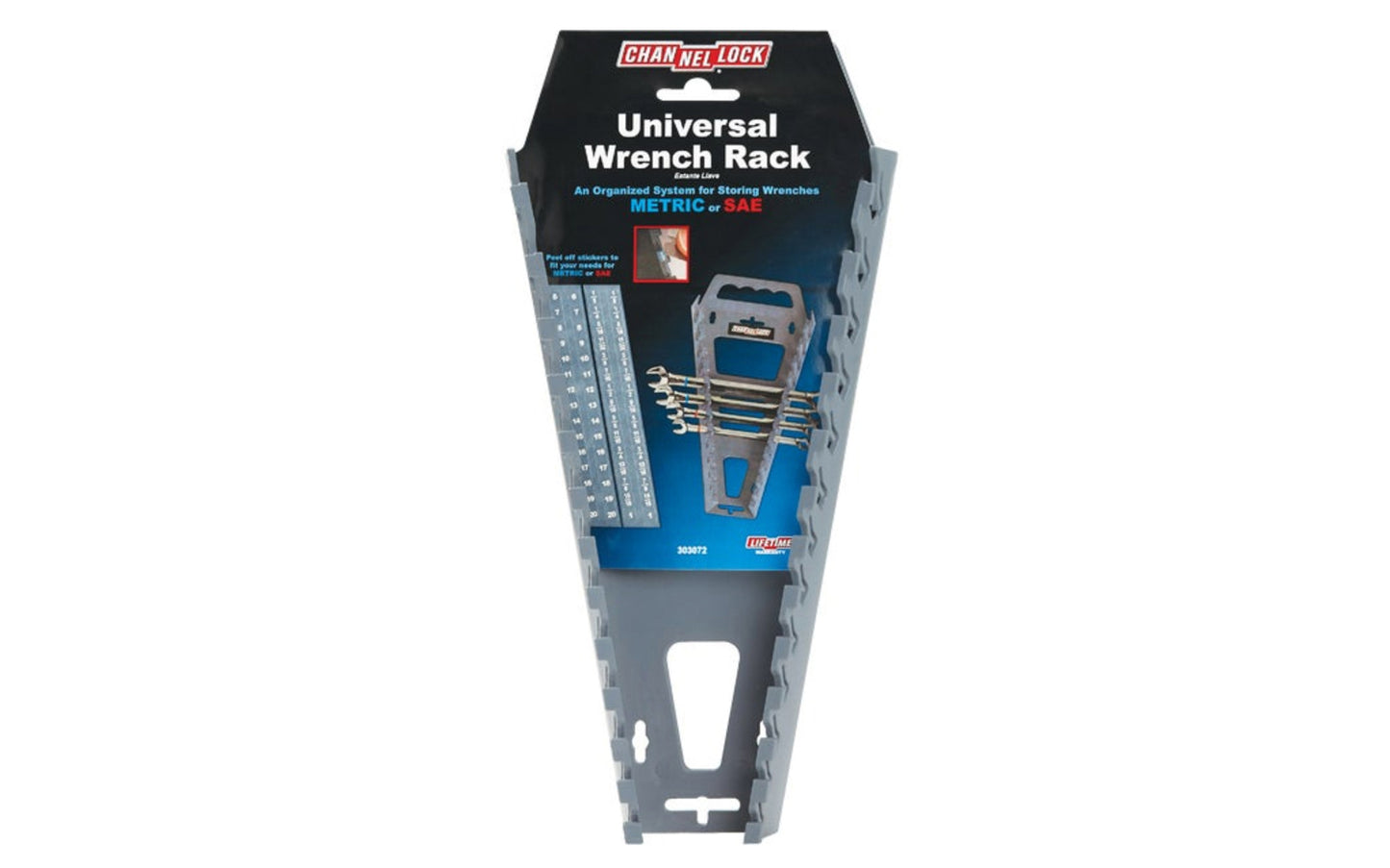 Channellock Universal Wrench Rack. Tough universal combination wrench rack holds 13 wrenches. Includes SAE 1/8" to 1" and Metric 6 mm to 20 mm peel off labels for easy customization. Spring tabs can also be trimmed to custom fit extra thick wrenches.