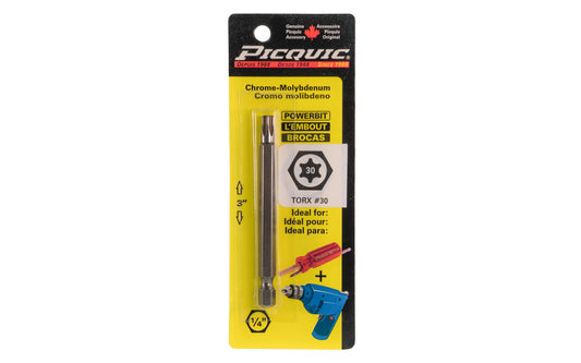 Picquic 3" length powerbit - Torx 30 bit. 1/4" hex shank power bits ideal for use in drills & impact drivers. Model 88230.