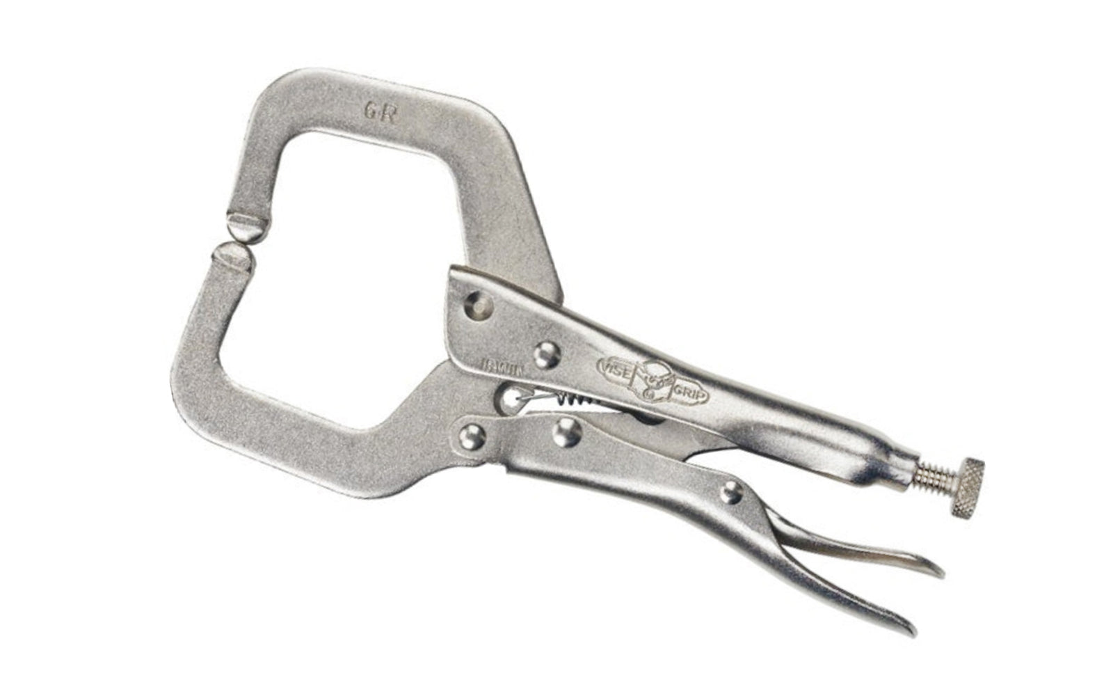 Irwin 6" "The Original" Vise Grip Locking C-Clamp Plier. Model 6R. Item No. 17. Turn screw to adjust pressure and fit work. Stays adjusted for repetitive use. Constructed of high-grade heat-treated alloy steel for maximum toughness & durability. 2" Jaw Capacity.