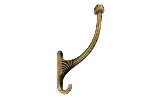 A retro looking & attractive 1930's Art-Deco style antique brass finish hook. Great for use in hallways, hall trees, coat racks, kitchens, bedrooms. Designed in the 1930's, Streamline Moderne, Machine Age, Art Deco style of hardware. 5" high hook & 2-3/8" projection. Vintage-style reproduction coat hook.